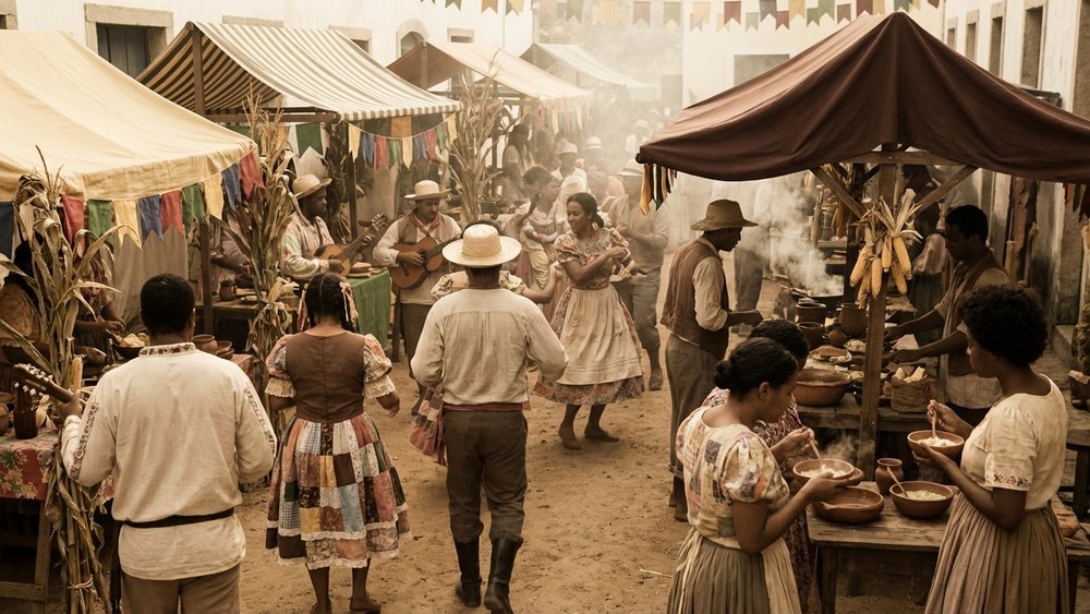 Festa junina nordestina com mungunzá sendo servido — tradição afro-brasileira de milho com leite de coco