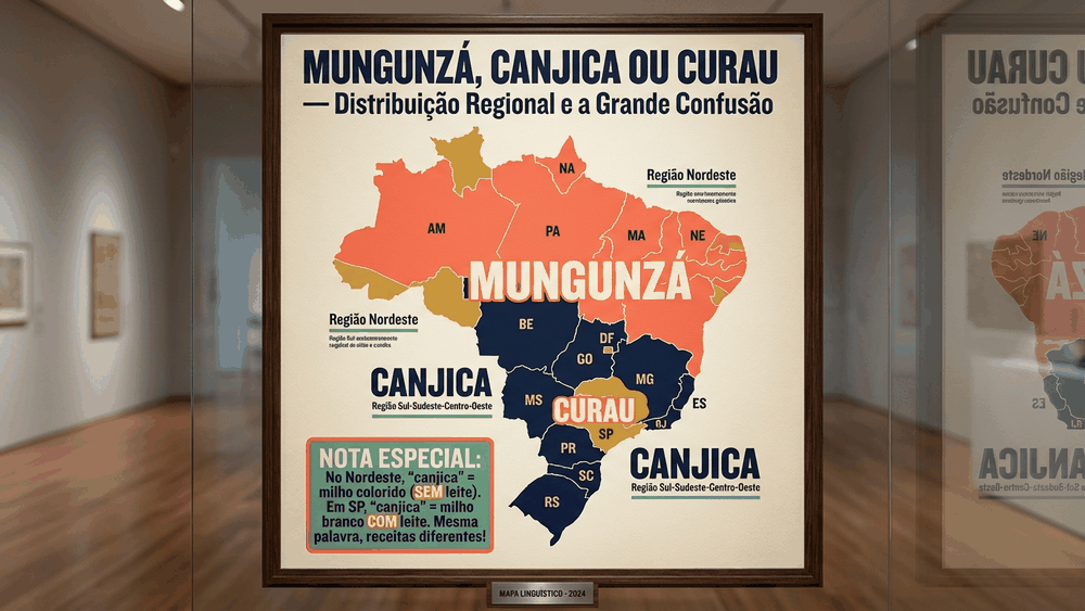 Mapa linguístico do Brasil com distribuição de mungunzá, canjica ou curau por região