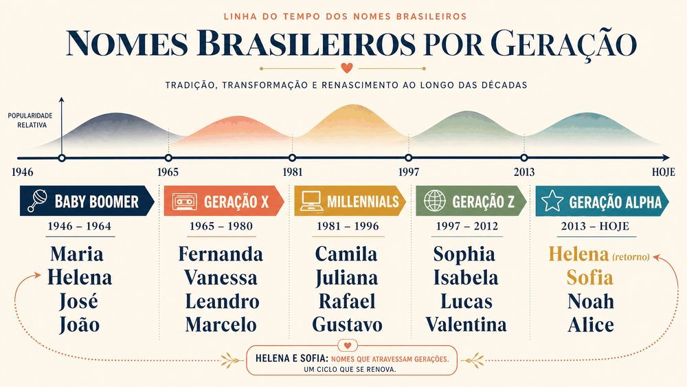 nomes brasileiros por geração — linha do tempo 1946 a hoje: Baby Boomer, Geração X, Millennials, Geração Z e Alpha com nomes representativos