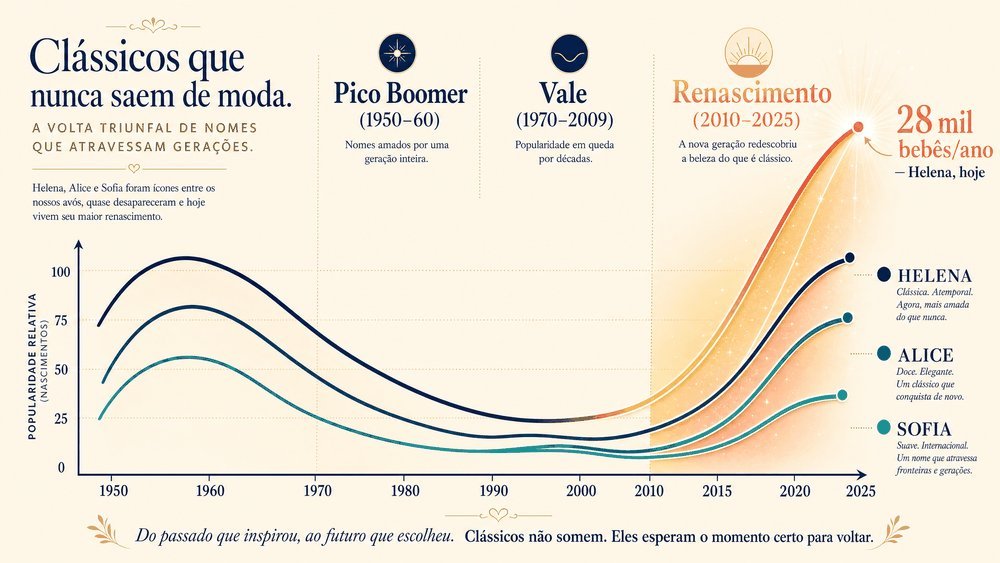 nomes brasileiros por geração — gráfico de linhas: renascimento de Helena, Alice e Sofia do pico Boomer ao explosivo crescimento Alpha pós-2010