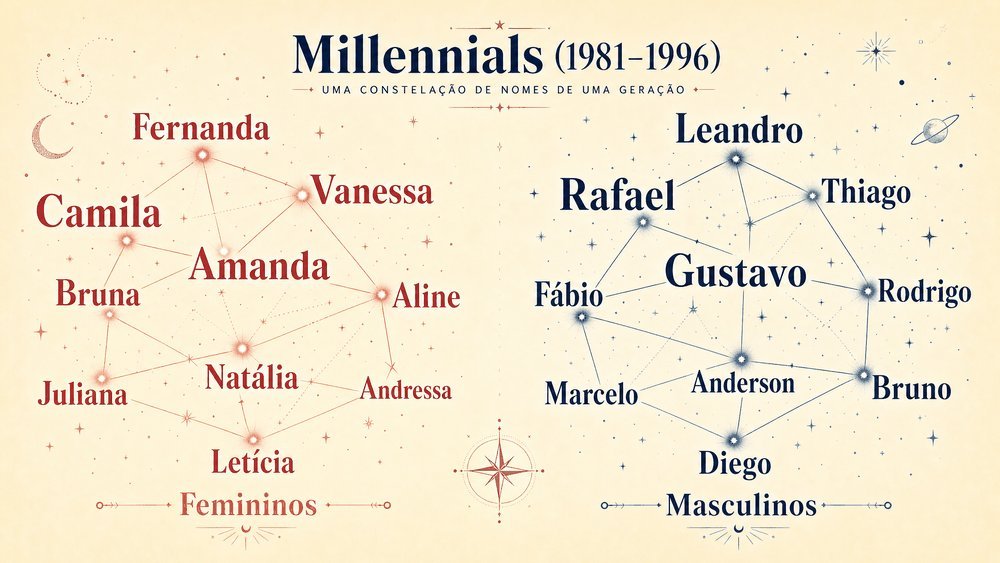 nomes brasileiros por geração — constelação Millennial 1981-1996: Camila, Amanda e Juliana entre femininos; Rafael, Gustavo e Diego entre masculinos