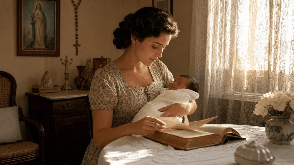nomes brasileiros por geração — cena editorial Baby Boomer: mãe anos 1950 em vestido floral segura recém-nascido e consulta livro de nomes