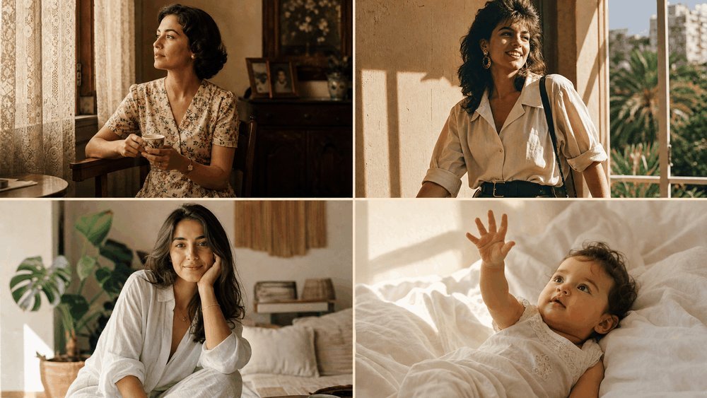 nomes brasileiros por geração — mosaico 2×2: mulher Boomer com café, Gen X anos 80, Millennial contemporânea e bebê Geração Alpha