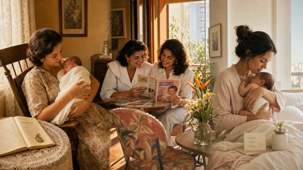 nomes brasileiros por geração — três cenas: mãe anos 1950 com bebê e registro civil, mães anos 80 com revista de nomes, mãe contemporânea
