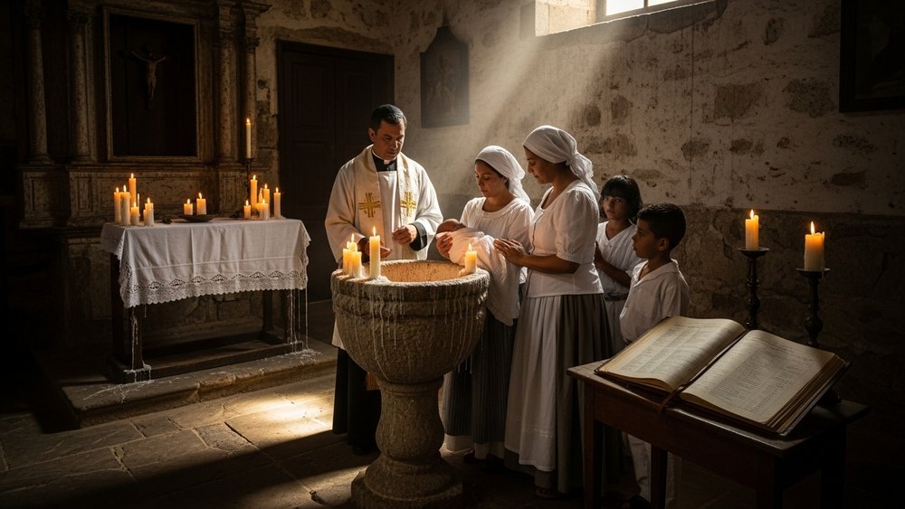 nomes bíblicos — batismo em igreja colonial do século XVII, pia de pedra, velas e registro de nomes aberto