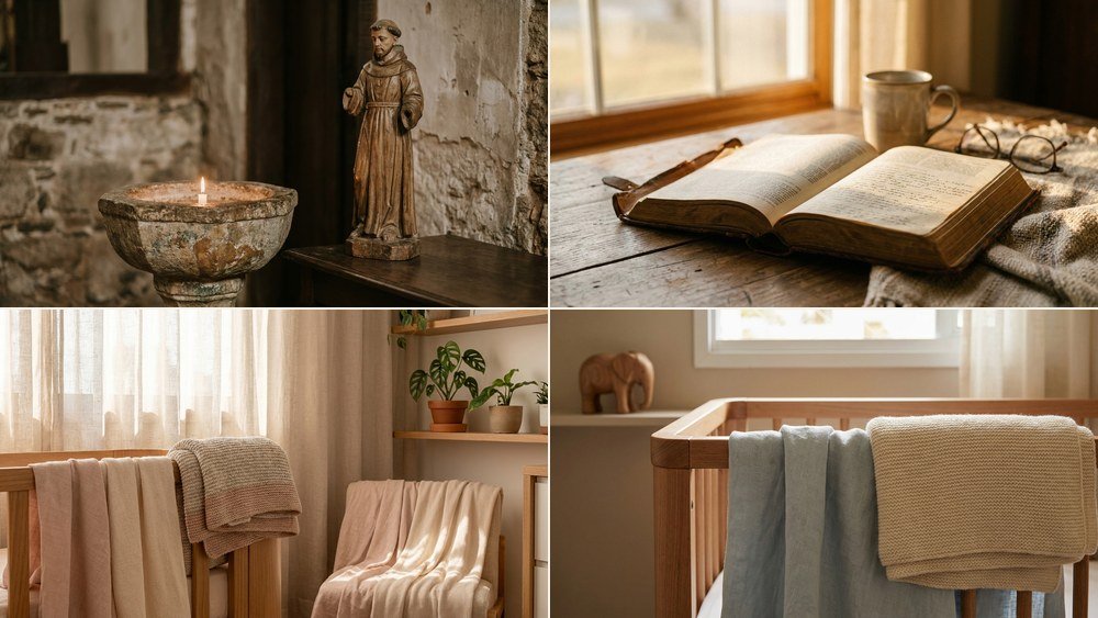 nomes bíblicos — mosaico de quatro cenas: devoção católica colonial, Bíblia evangélica e berços de menina e de menino
