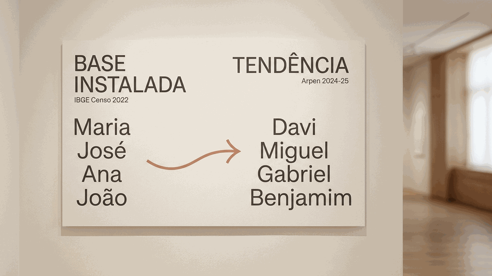 nomes bíblicos — infográfico contrastando a base do IBGE (Maria, José, Ana, João) com a tendência Arpen (Davi, Miguel, Gabriel, Benjamim)