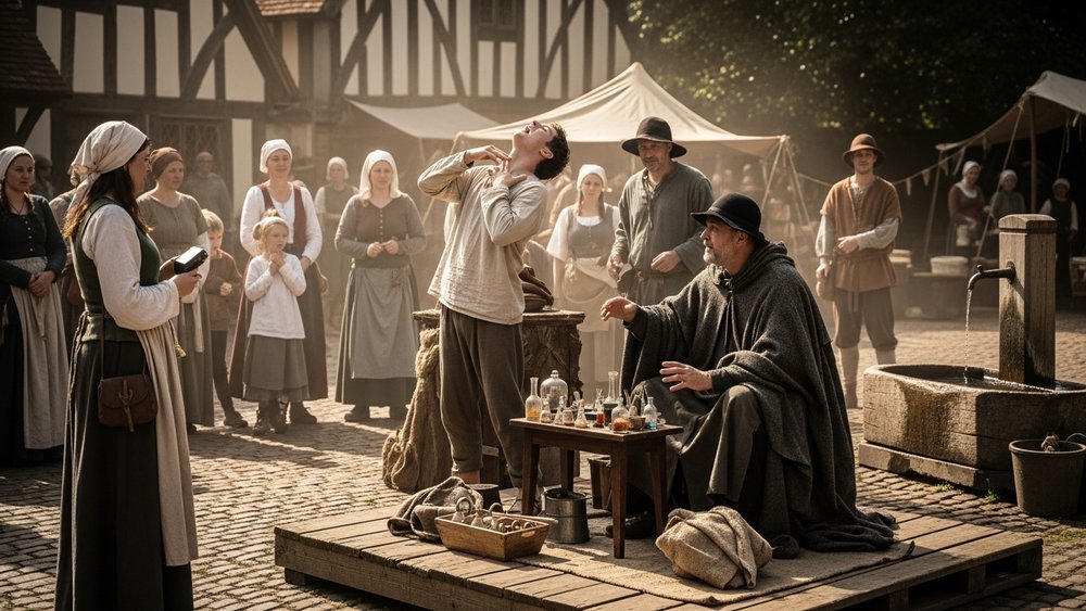 origem da expressão engolir sapo — charlatão e seu toad-eater encenando para a multidão em feira medieval inglesa do século XV