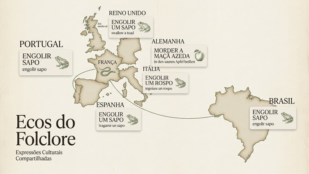 origem da expressão engolir sapo — mapa multilíngue do folclore europeu mostrando o animal escolhido em Portugal, Brasil, França, Itália, Espanha, Reino Unido e Alemanha