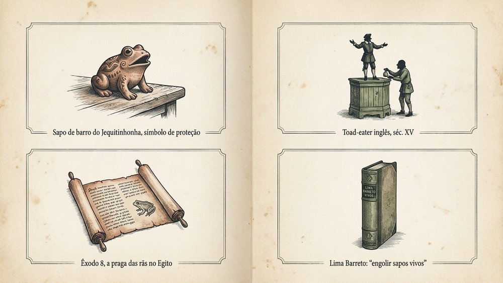 origem da expressão engolir sapo — quatro painéis: sapo de barro do Jequitinhonha, toad-eater inglês séc. XV, praga das rãs do Êxodo 8 e Lima Barreto
