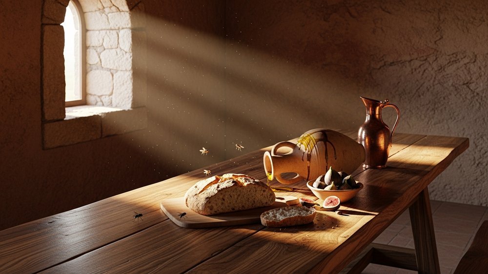 origem da expressão comer mosca — mesa de cozinha romana do séc. I d.C. com pão, figos e moscas pousadas