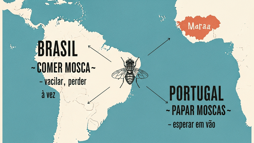 origem da expressão comer mosca — mapa cartográfico do Atlântico mostrando comer mosca no Brasil e papar moscas em Portugal