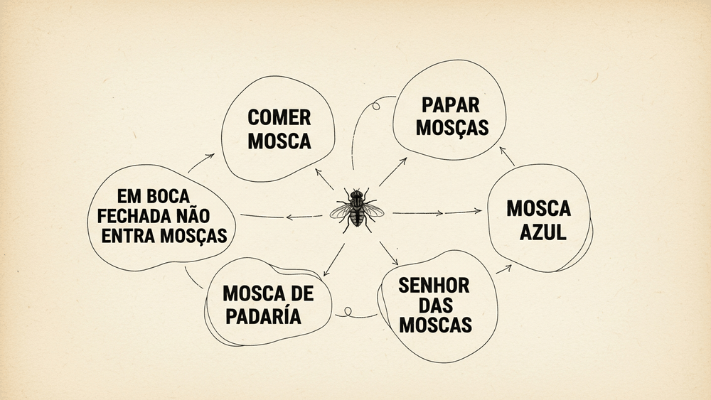 origem da expressão comer mosca — constelação de seis expressões portuguesas com mosca em estilo livro acadêmico antigo
