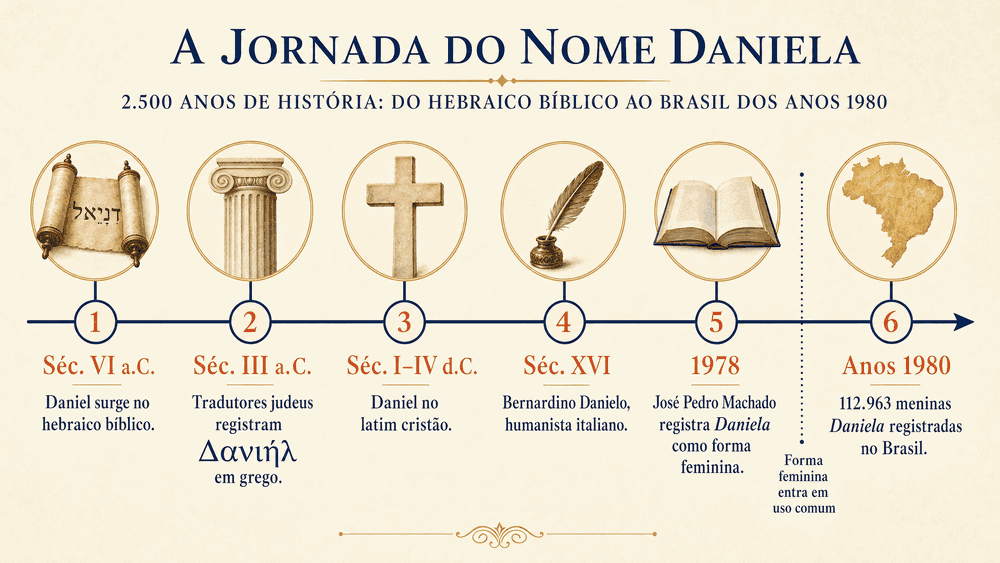 significado do nome Daniela: linha do tempo com 6 marcos do séc. VI a.C. ao Brasil dos anos 1980