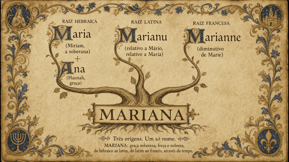 significado do nome Mariana: árvore com três raízes hebraica, latina e francesa convergindo