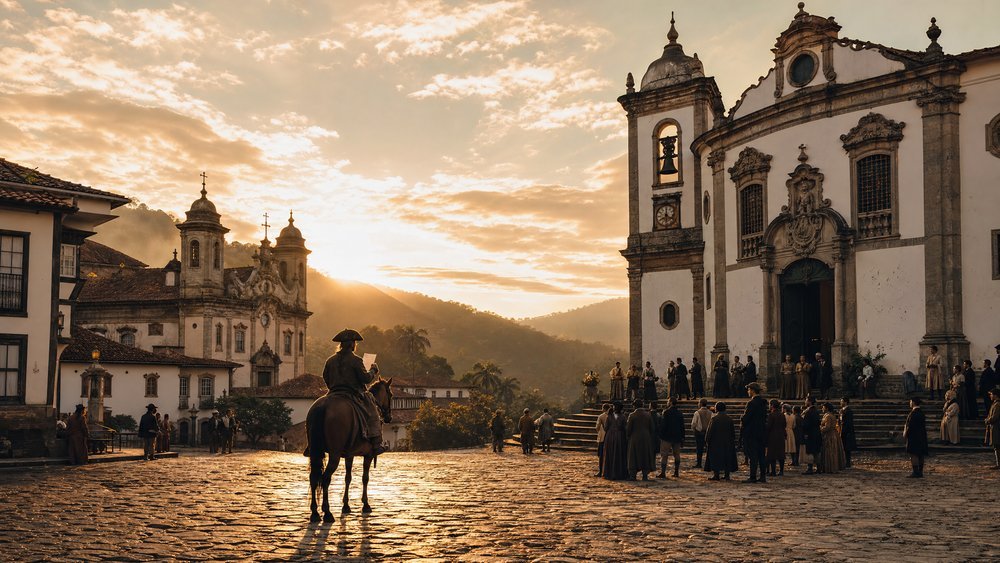 significado do nome Mariana: cidade barroca em pedra-sabão e ouro recebendo a carta régia em 1745
