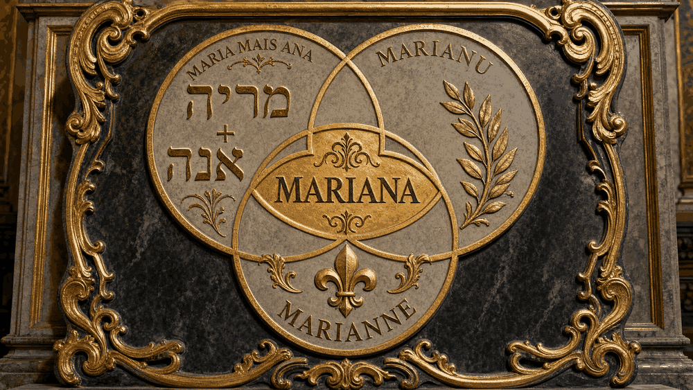 significado do nome Mariana: três medalhões dourados barrocos sobrepostos formando um diagrama de Venn