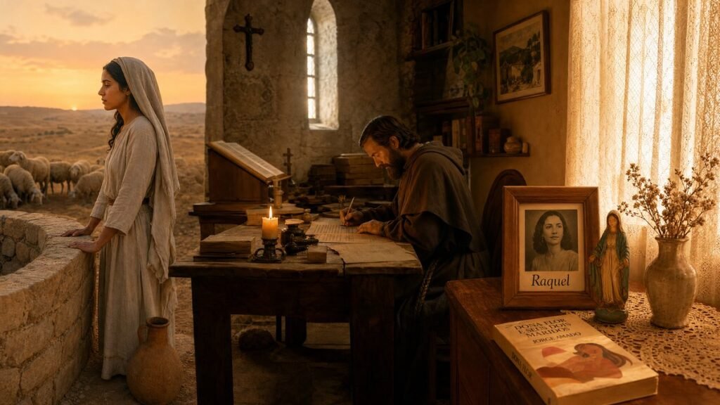 significado do nome Raquel — três cenas: poço de Harã com ovelhas ao entardecer, scriptorium medieval e sala brasileira anos 70