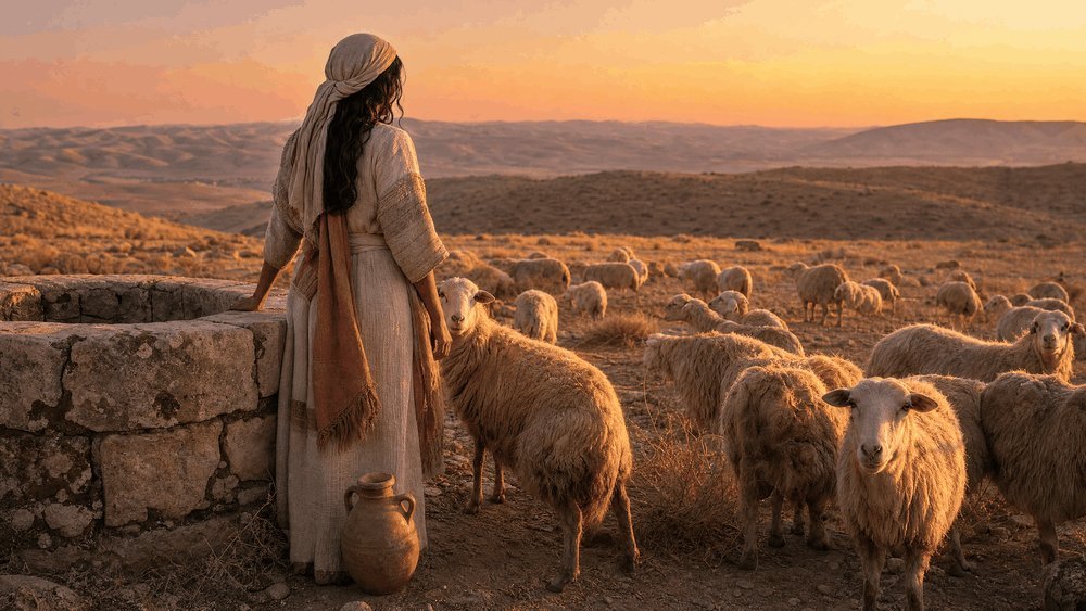 significado do nome Raquel — cena histórica de pastora hebraica com rebanho junto a poço na região de Harã século XIX aC
