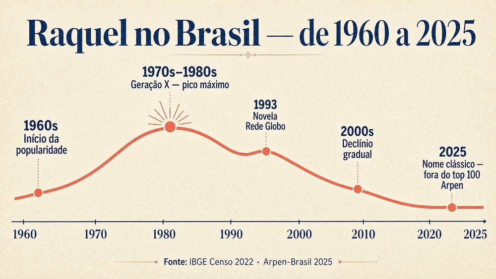 significado do nome Raquel — infográfico de popularidade no Brasil com dados IBGE 2022 e Arpen mostrando pico nas décadas de 1970 e 1980