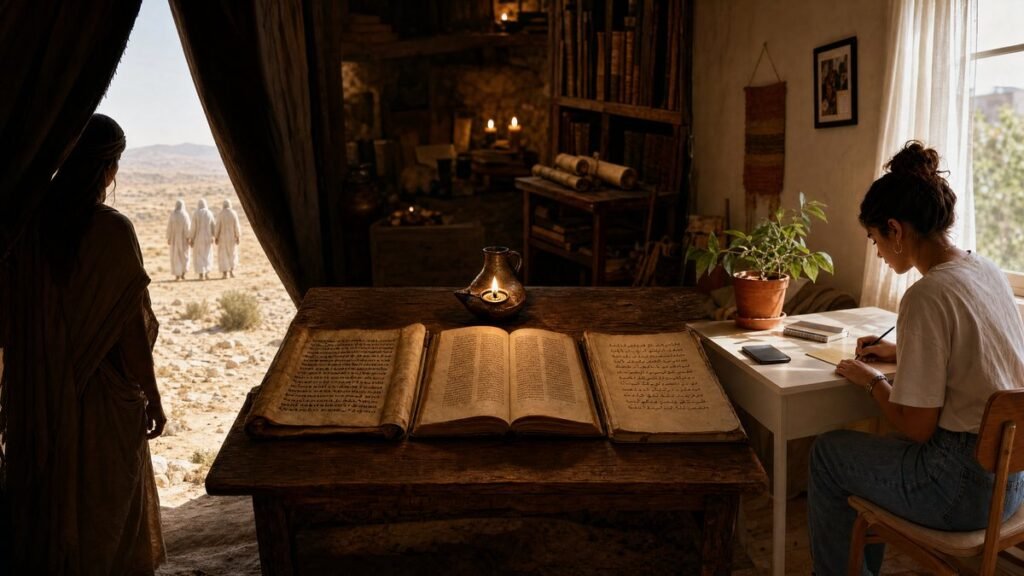 significado do nome Sara — três cenas: tenda de Canaã ao meio-dia, scriptorium medieval com três manuscritos e quarto brasileiro contemporâneo