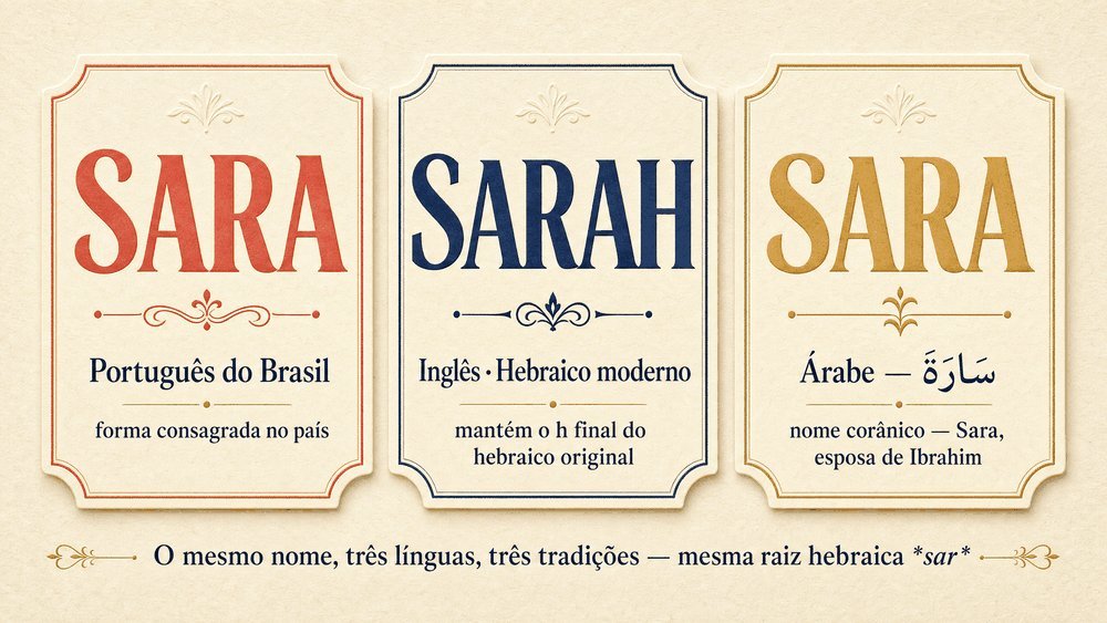 significado do nome Sara — infográfico mostrando as variantes Sara, Sarah e Sahara e sua raiz hebraica שָׂרָה