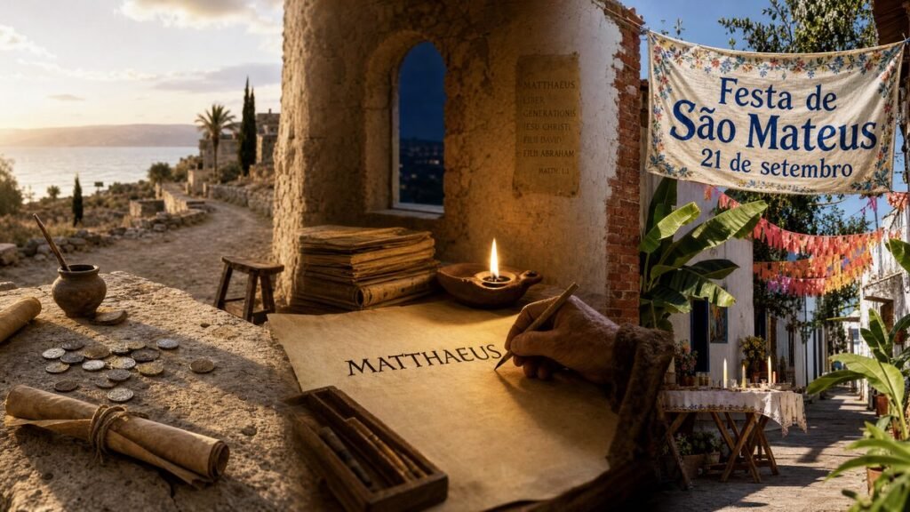 significado do nome Mateus — três cenas: escriba hebraico séc. VIII aC, scriptorium medieval séc. XII, catequista colonial Brasil séc. XVII
