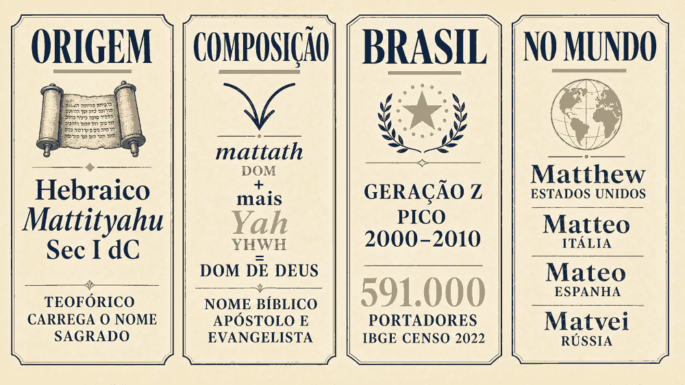 significado do nome Mateus - infográfico com dados de popularidade no Brasil segundo IBGE 2022 e Arpen 2023
