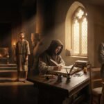 significado do nome Daniel — três cenas: corte babilônica, escriba medieval e pai brasileiro com recém-nascido