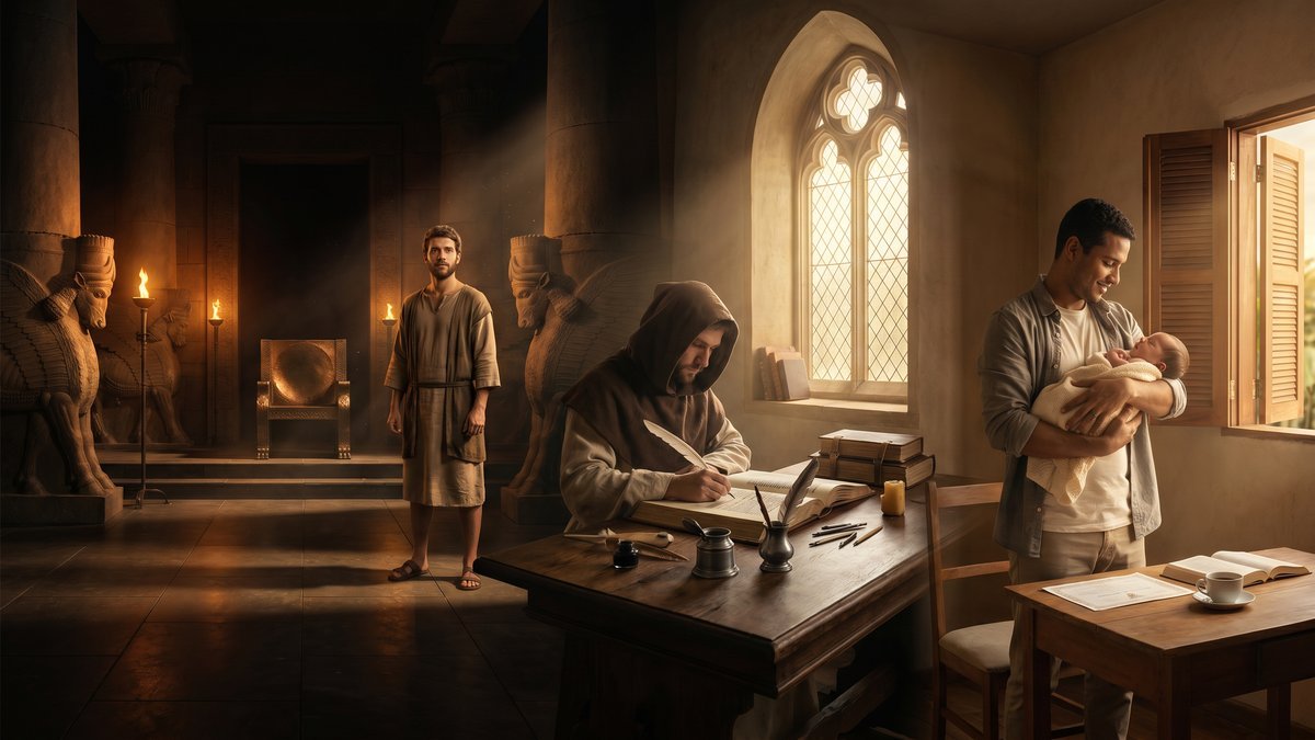 significado do nome Daniel — três cenas: corte babilônica, escriba medieval e pai brasileiro com recém-nascido