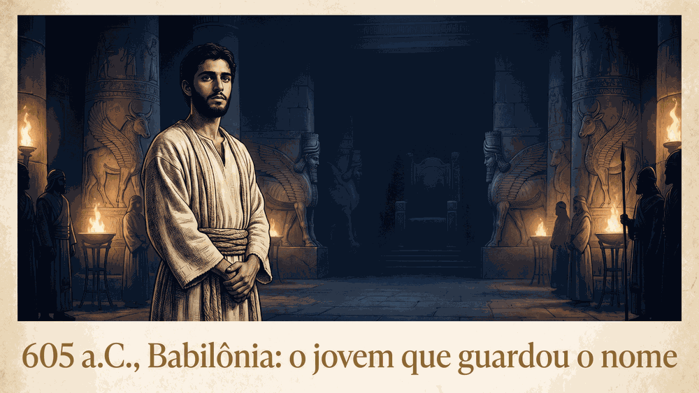 significado do nome Daniel — jovem hebreu de túnica simples no salão do trono babilônico com touros alados em pedra