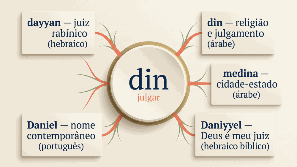 significado do nome Daniel — mapa conceitual da raiz din e suas ramificações em hebraico, árabe e português
