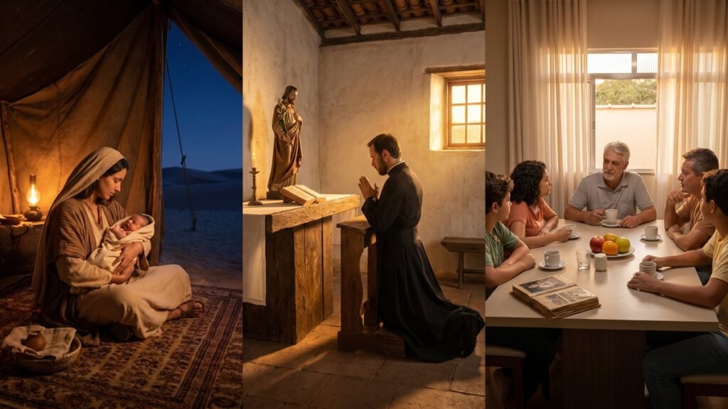 significado do nome José — três cenas: mãe hebreia com recém-nascido, padre jesuíta em oração e família brasileira à mesa