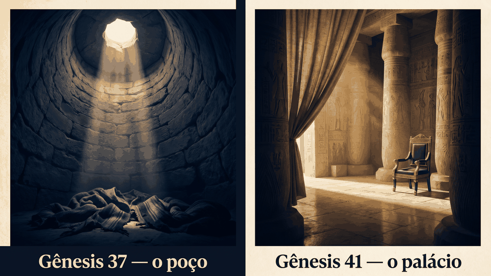 significado do nome José — díptico com poço de Gênesis 37 à esquerda e palácio de Gênesis 41 à direita