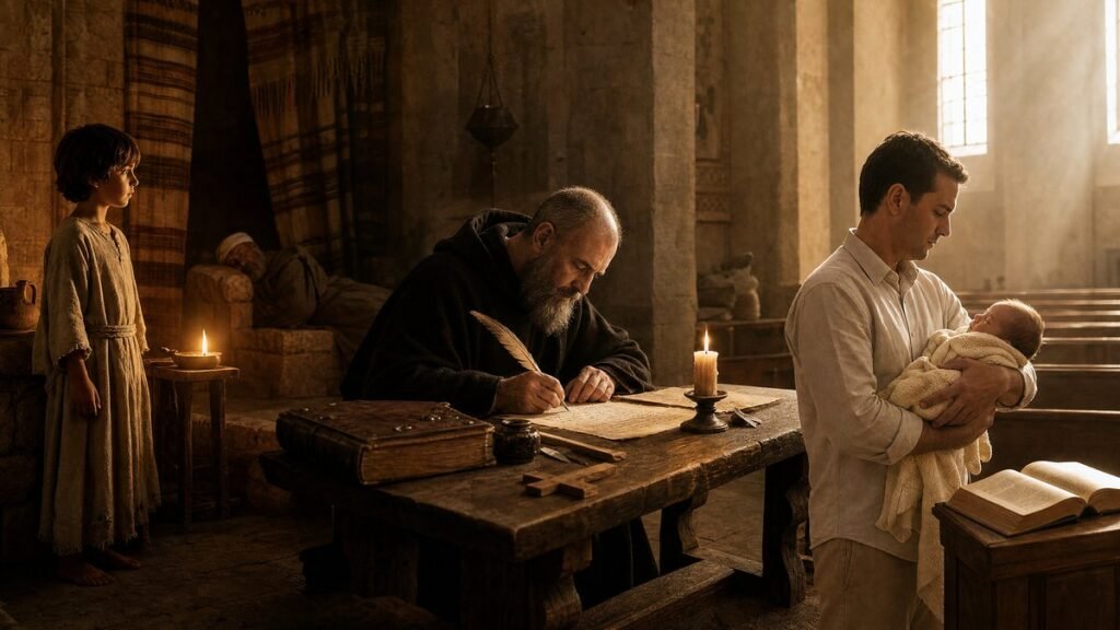 significado do nome Samuel — cena histórica sépia em três momentos integrados: menino hebreu junto a tapeçarias antigas, monge medieval copiando pergaminho à luz de vela e cena de naming em ambiente eclesial com pai e bebê