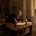 significado do nome Samuel — cena histórica sépia em três momentos integrados: menino hebreu junto a tapeçarias antigas, monge medieval copiando pergaminho à luz de vela e cena de naming em ambiente eclesial com pai e bebê
