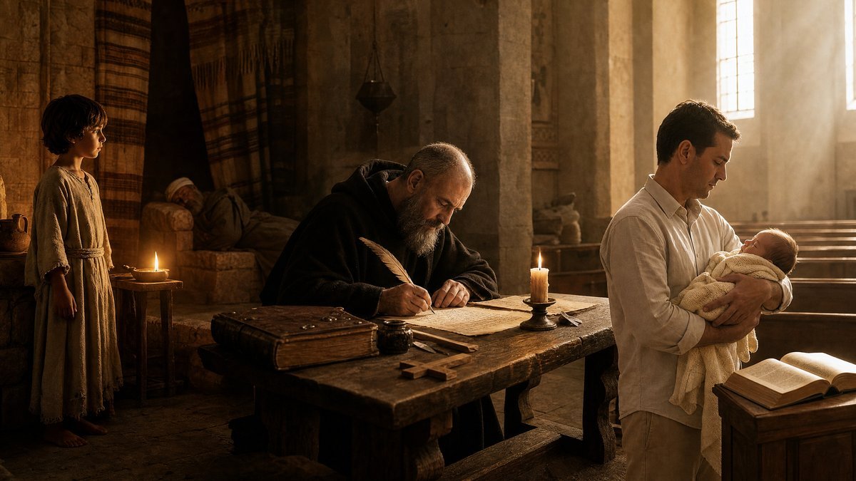 significado do nome Samuel — cena histórica sépia em três momentos integrados: menino hebreu junto a tapeçarias antigas, monge medieval copiando pergaminho à luz de vela e cena de naming em ambiente eclesial com pai e bebê