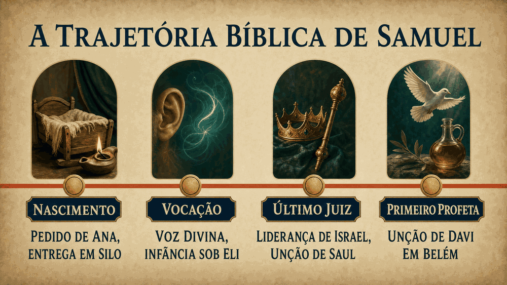 significado do nome Samuel — quatro marcos bíblicos do profeta: Nascimento, Vocação, Último Juiz com unção de Saul e Primeiro Profeta com unção de Davi em Belém