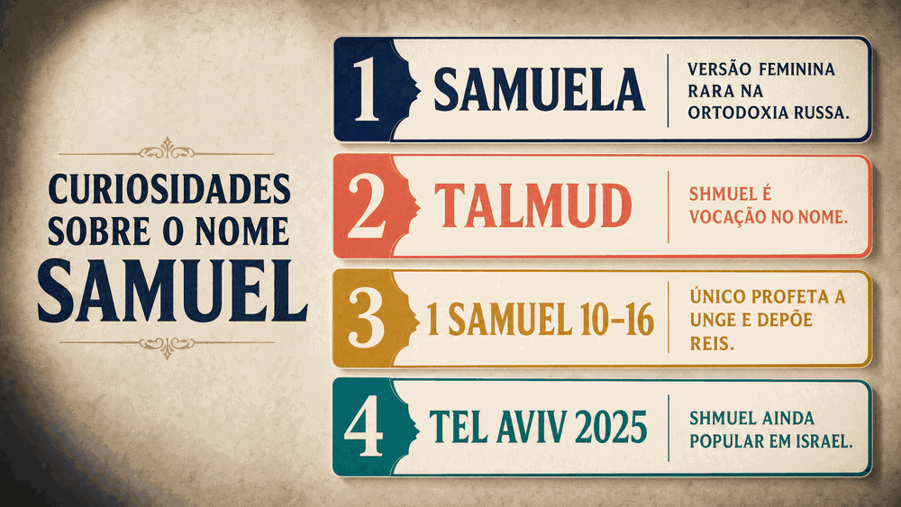 significado do nome Samuel — quatro cards numerados com curiosidades: Samuela versão feminina, Talmud, 1 Samuel 10–16 e Tel Aviv 2025