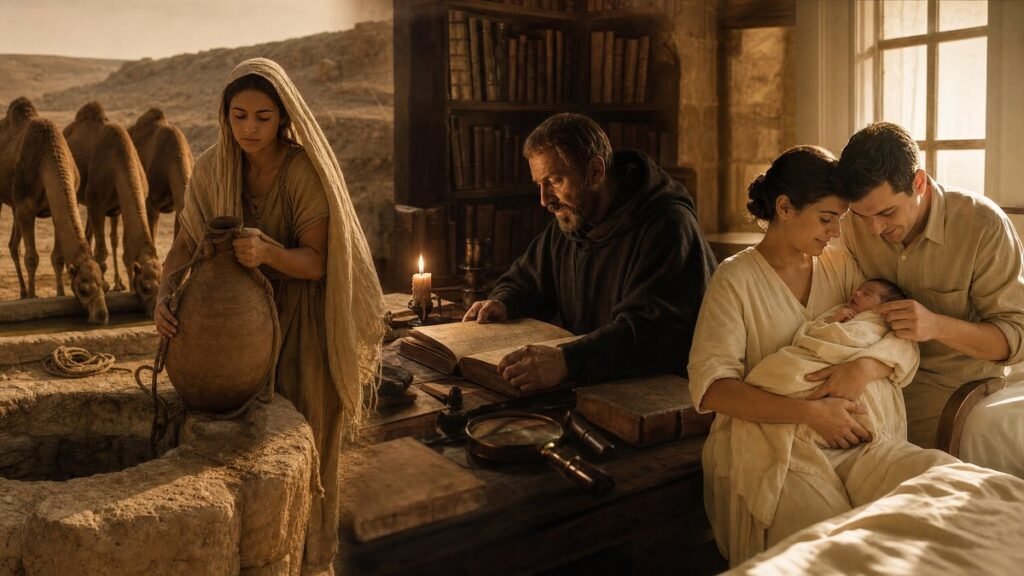 significado do nome Rebeca — cena histórica sépia em três momentos integrados: jovem hebreia com jarro junto a camelos no deserto, estudioso medieval examinando manuscrito do Gênesis e cena familiar com mãe segurando recém-nascida ao lado do pai