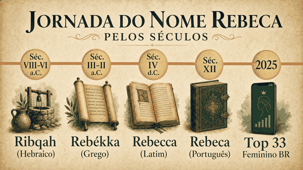 significado do nome Rebeca: cinco livros antigos representando a jornada do nome Rebeca: Ribqah hebraico, Rebékka grego, Rebecca latino, Rebeca português medieval e top 33 feminino no Brasil em 2025