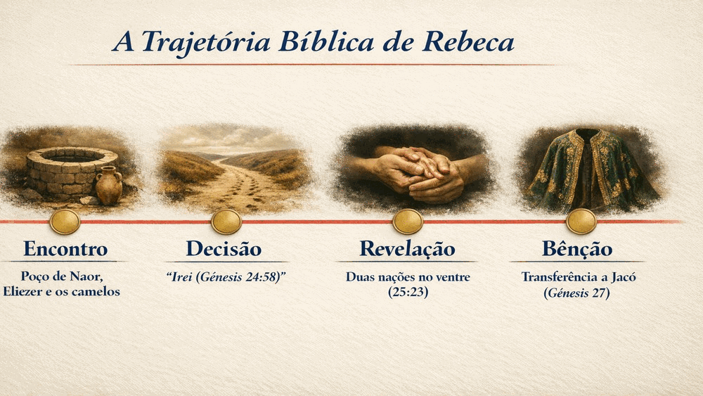 significado do nome Rebeca: quatro marcos bíblicos da matriarca Rebeca, Encontro (poço de Naor), Decisão (Gênesis 24:58), Revelação (Gênesis 25:23) e Bênção (transferência a Jacó, Gênesis 27)