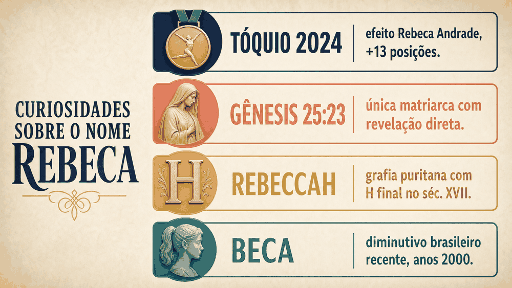 significado do nome Rebeca: quatro cards com curiosidades sobre Rebeca, Tóquio 2024 (efeito Rebeca Andrade), Gênesis 25:23, grafia puritana Rebeccah e diminutivo brasileiro Beca
