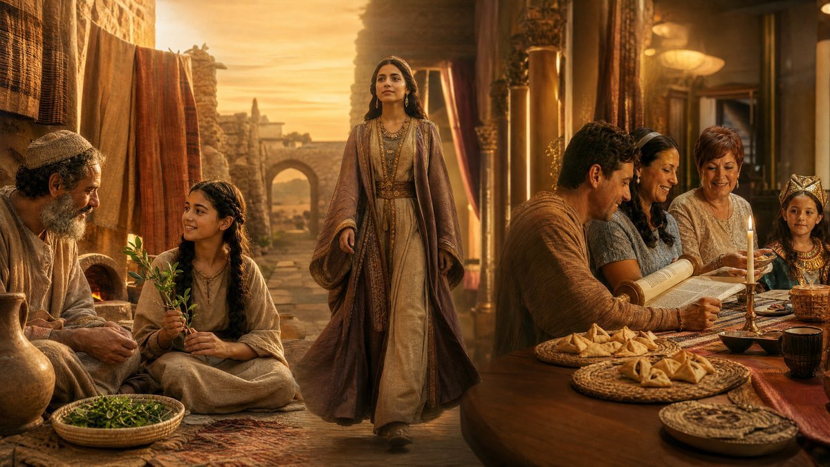 significado do nome Ester: cena panorâmica fotorrealista com Hadassa criança ao lado do tio Mordecai segurando ramo de mirta na casa judaica de Susã, a jovem cruzando o portão do palácio persa em transição para Ester, e família brasileira contemporânea celebrando o Purim com criança fantasiada e meguilá aberta sobre a mesa