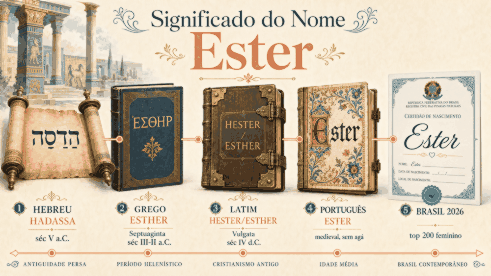 significado do nome Ester — cinco livros antigos representando a jornada do nome do hebraico Hadassa ao Brasil 2026, passando por grego, latim e português medieval