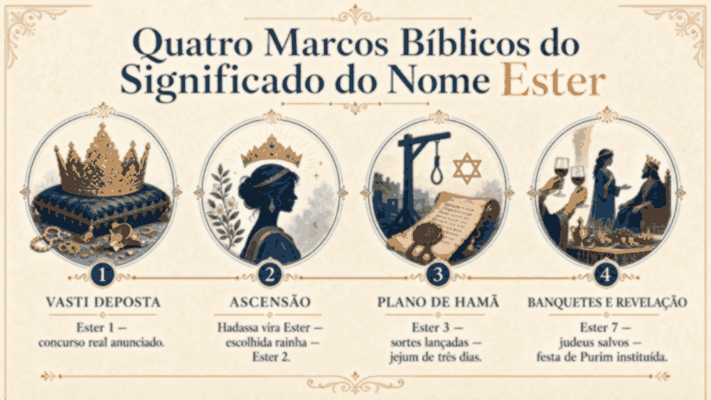 significado do nome Ester — quatro marcadores bíblicos: Vasti deposta, ascensão de Hadassa ao trono, plano de Hamã e banquetes com revelação da identidade judaica