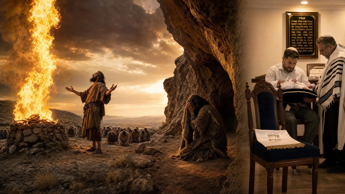 significado do nome Elias: cena panorâmica fotorrealista com o profeta no Monte Carmelo de braços erguidos enquanto fogo desce do céu sobre o altar de pedras e o povo se prostra, o mesmo profeta encolhido em silêncio na caverna do Monte Horebe, e brit milá brasileiro contemporâneo com pai segurando bebê e mohel ao lado da cadeira simbólica vazia reservada para Eliyahu HaNavi