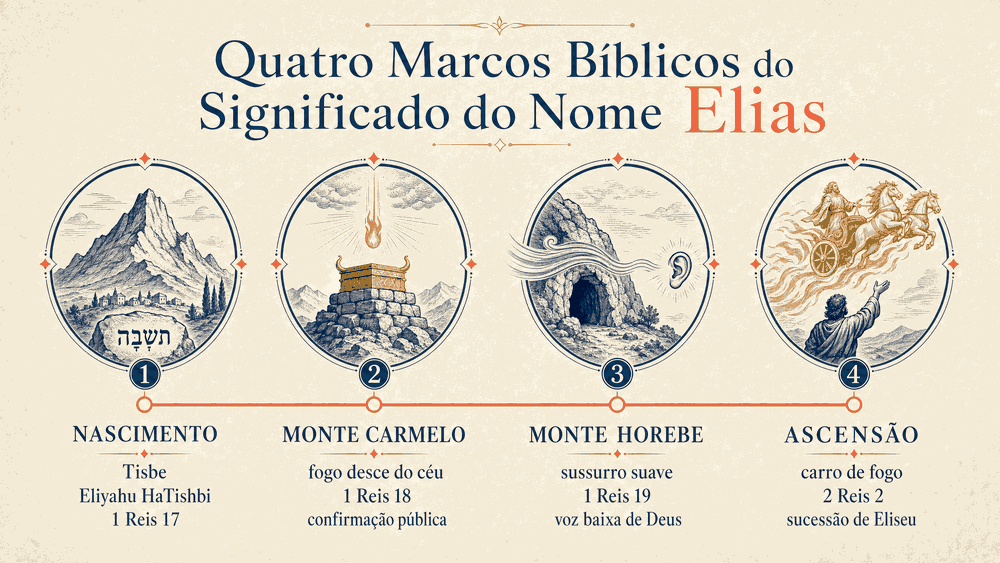 significado do nome Elias — quatro medalhões circulares representando os marcos bíblicos: nascimento em Tisbe, fogo desce no Carmelo, sussurro suave no Horebe e carro de fogo com sucessão de Eliseu
