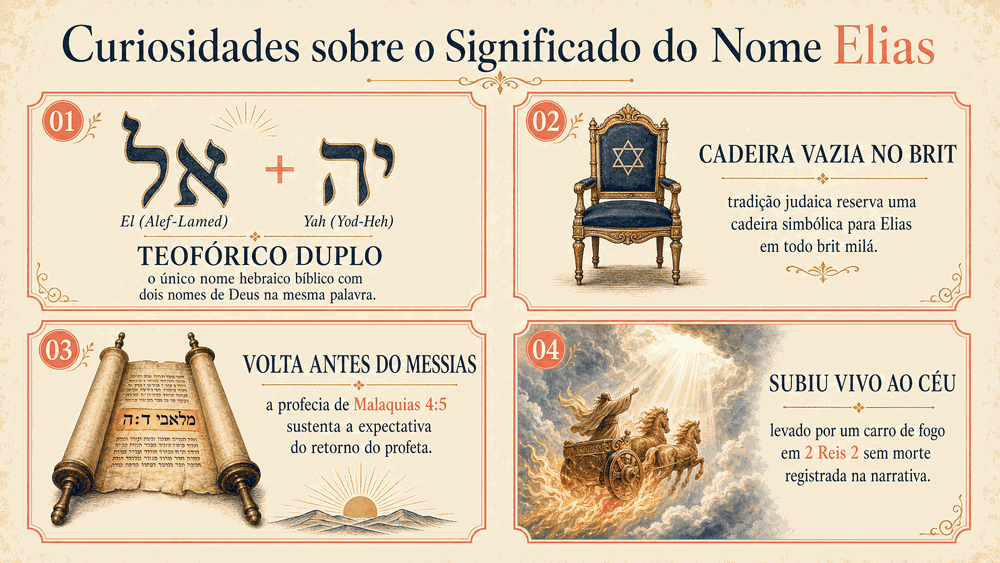 significado do nome Elias — quatro cards numerados com curiosidades: teofórico duplo El mais Yah, cadeira vazia no brit milá, profecia de Malaquias 4:5 e ascensão no carro de fogo