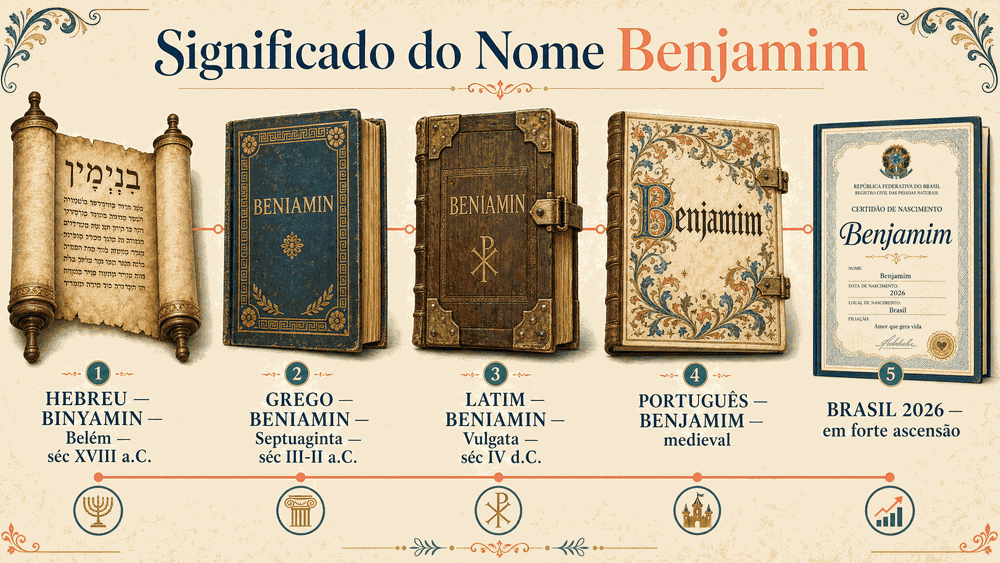 significado do nome Benjamim — cinco livros antigos representando a jornada do nome do hebraico Binyamin de Belém ao Brasil 2026